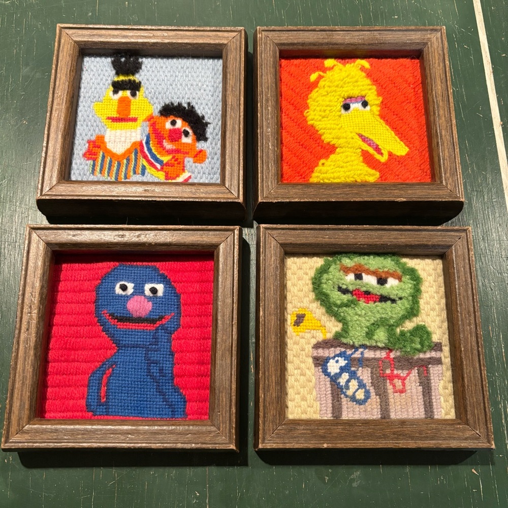 Vintage handmade needlepoint Sesame Street character frames